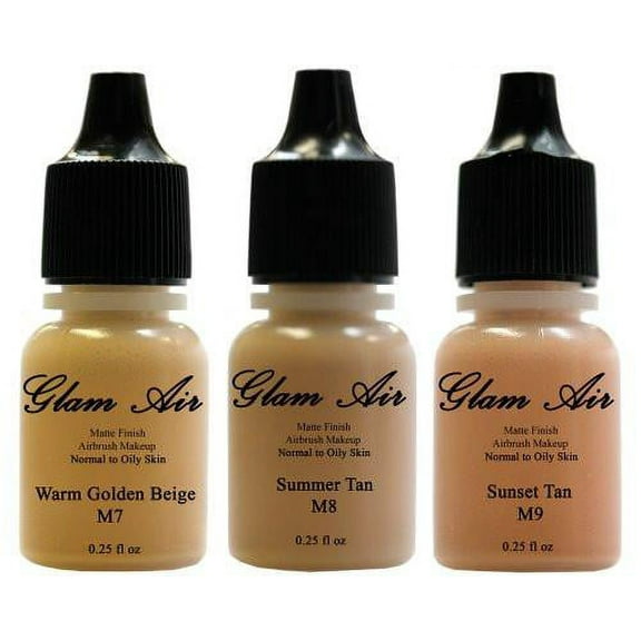 Set of Three (3) Airbrush Makeup Foundations Matte M7 Warm Golden Beige, M8 Summer Tan, M9 Sunset Tan Water-based Makeup Lasting All Day 0.25 Oz Bottle By Glam Air