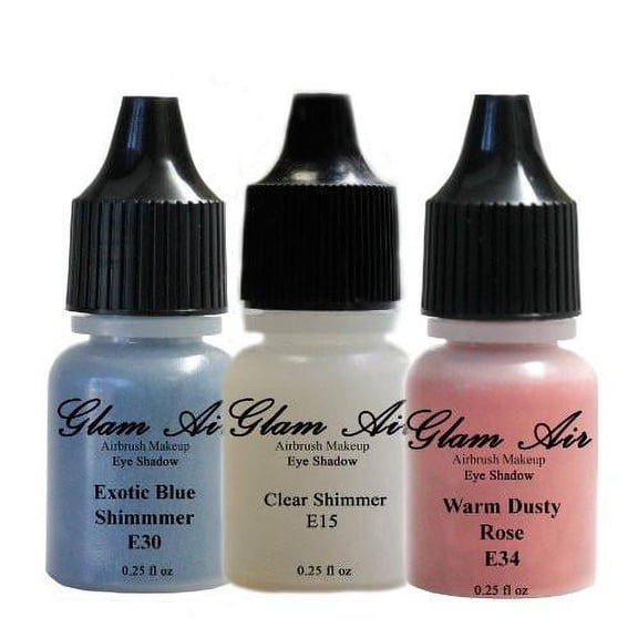Set of Three (3) Shades of Glam Air Airbrush Eye Shadow Makeup E15 Clear Shimmer, E30 Exotic Blue Shimmer and E34 Warm Dusty Rose Water-based Formula Last All Day (For All Skin Types) 0.25