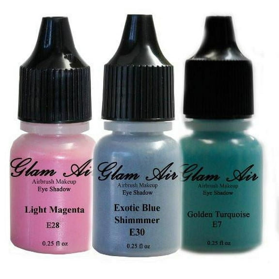 Set of Three (3) Shades of Glam Air Airbrush Eye Shadow Makeup E7 Golden Turquoise, E28 Light Magenta and E30 Exotic Blue Shimmer Water-based Formula Last All Day (For All Skin Types) 0.25