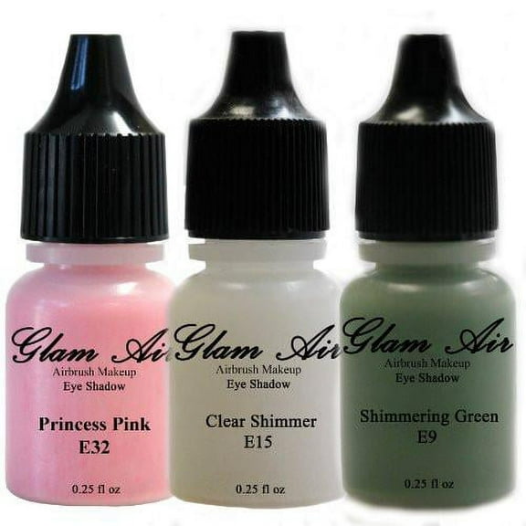 Set of Three (3) Shades of Glam Air Airbrush Eye Shadow Makeup E9 Shimmery Green, E15 Clear Shimmer and E32 Princess Pink Water-based Formula Last All Day (For All Skin Types) 0.25oz Bottl