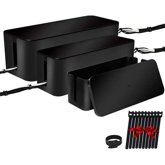 [Set of Three] Cable Management Boxes Organizer, Large Storage Wires Keeper Holder for Desk, TV, Computer, USB Hub, System to Cover and Hide & Power Strips & Cords (Black)