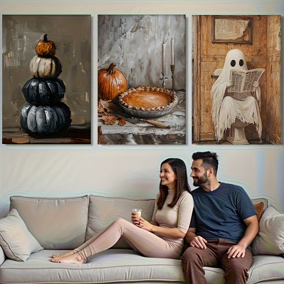 A Set of Three Decorative Paintings, Featuring 2D Unframed Canvas Art, Perfect As Gifts for Halloween And Christmas. The Design Includes Stacked Pumpkin Patterns, Offering a Vintage Autumn Wall Deco