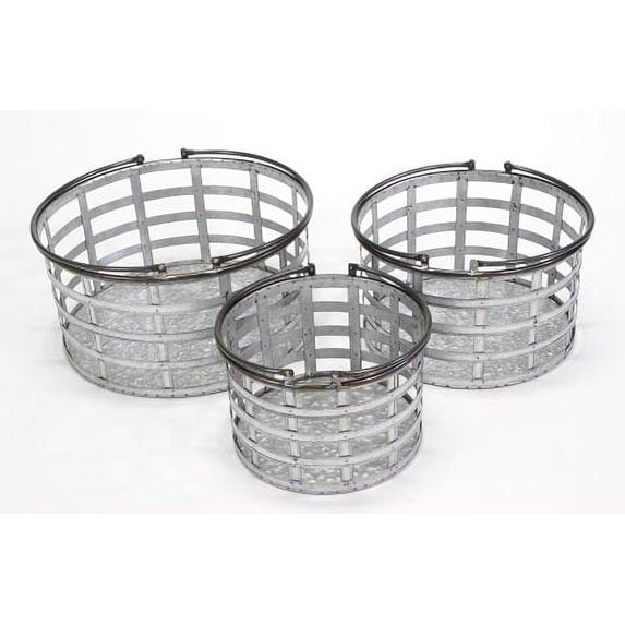 Set of Three Galvanized Metal Bins with Handles, L: 17.7" Dia, M: 14.8"Dia, S: 12"D, Rustic, Farmhouse, Storage Bins, Durable, Washable, Stackable, Home Decor