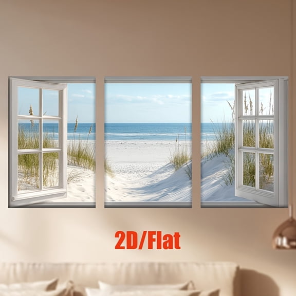 Set of Three Pieces, Flat 2D Canvas Artworks Without Frames, Depicting a Beach View from an Open Window. Ideal for Decorating Living Rooms, Offices, Homes, Bedrooms, Parties, Cafes, And Libraries. A