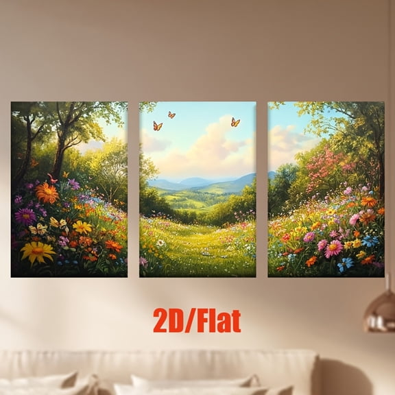Set of Three Pieces, Flat Frameless Canvas Artwork Featuring Flowers And Butterflies in a Forest Setting. This Mixed Media Painting Is Ideal for Decorating Living Rooms, Offices, Bedrooms, Schools