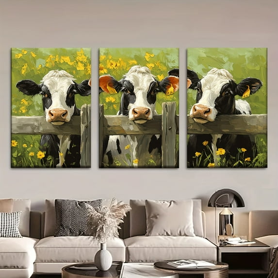 Set of Three, Unframed Canvas Artwork Featuring a Cow in a Field, Suitable for Posters And Prints in Living Rooms, Libraries, Offices, Cafes, And Bars. This Abstract Art Makes an Ideal Gift for Birt