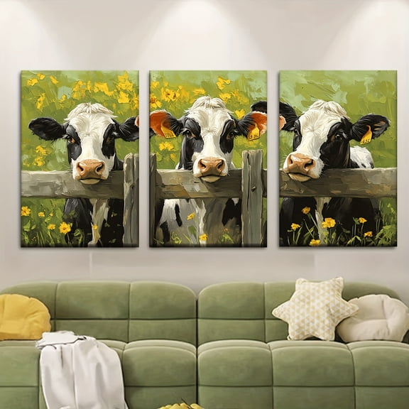 Set of Three, Unframed Canvas Artwork Featuring a Cow in a Field, Suitable for Posters And Prints in Living Rooms, Libraries, Offices, Cafes, And Bars. This Abstract Art Makes an Ideal Gift for Birt