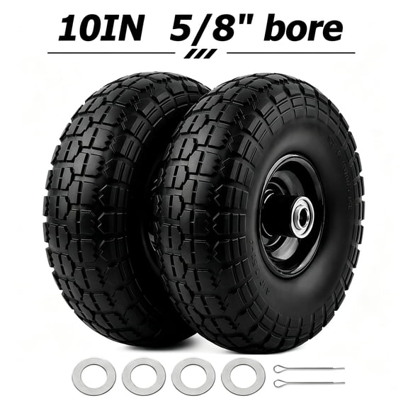 Set of Two 10-Inch Solid Rubber Wheels - Replacement Flat-Free Tire Size 3.50-4" with 5/8" Bearings And a 2.2" Offset Hub - Ideal for Lawn And Garden Carts, Hand Trucks, Wheelbarrows