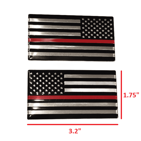 (Set of Two) 3.2" x 1.75" Black Thin RED LINE Embossed Left & Right American Flag Decal Emblem Sticker Badge Honor Firefighters United States StickOn Car Truck Window Made in USA