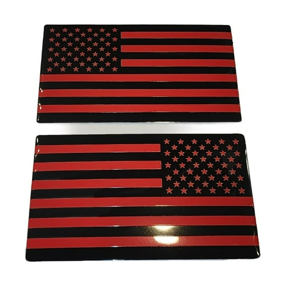 (Set of Two) 3"x5" Black Thin Red Line Aluminum Embossed Left & Right American Flag Decal Emblem Sticker Badge United States Stick On Fender Bed Car Truck Window Glass USA Made