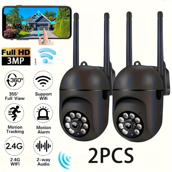 Set of Two 3MP Smart Dome Cameras, Featuring 2.4G Wifi Connectivity, Color Night Vision, Remote Monitoring Via an App, Two-Way Voice Intercom, AI Motion Detection, And Real-Time Alerts, Ideal for