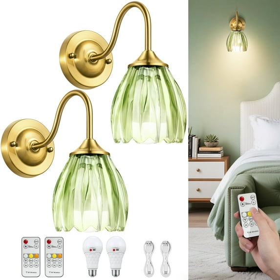 Set of Two Battery Operated Wall Sconce, Vintage Wall Sconce with Deep Green Tulip Glass Lampshade Rechargeable Battery Powered Wall Light with Remote Control for Bedroom,Living Room, Hallway