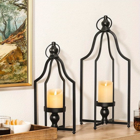 Set of Two Black Metal Decorative Lanterns for Modern Farmhouse Indoor and Outdoor Use, Perfect for Living Room, Dining Table, Fireplace Mantle, or Patio Decorations, Battery