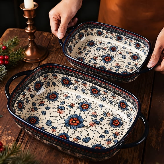 Set of Two Ceramic Baking Dishes Measuring 13 by 9 Inches | Large Oval Roaster Featuring Handles | Vintage Bohemian Design with Full Coverage | Safe for Dishwashers, Ovens