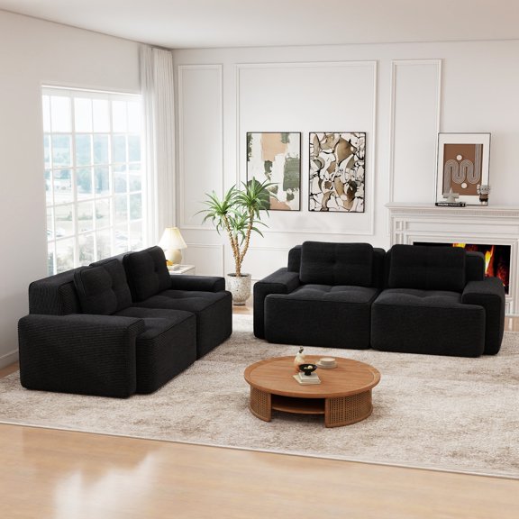 Set Of Two Double-Seat Sofas, Crafted with Corduroy Fabric, Pearl-Like Piping, Tufted Design, No Assembly, Anti-Slip Design, Suitable for Living Rooms, Apartments and Studios (Black)