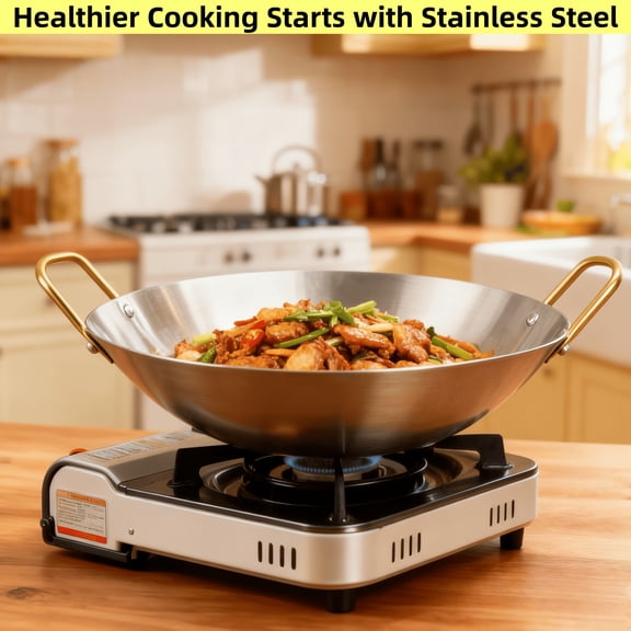 Set of Two Extra-Large Heavy-Duty Stainless Steel Woks - Exceptionally Thick, Designed for Industrial Strength, Perfect for Family Cooking And Outdoor Barbecues