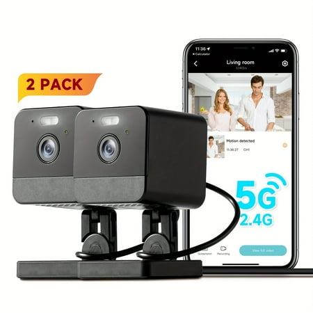 Set of Two Indoor Security Cameras with Motion Detection, Dual-Band WiFi, Night Vision, Two-Way Talk, Siren Alarm, and Support for Cloud/SD Storage and Alexa Voice Control