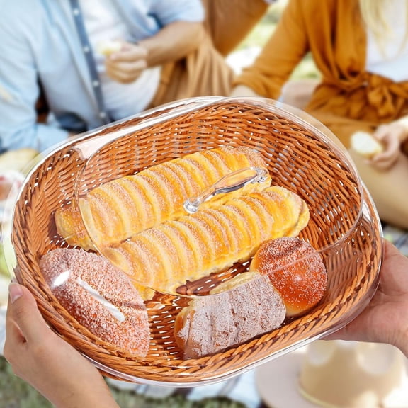 Set of Two Oval Woven Bread Baskets with Lids for Serving and Display, Perfect for Bread, Fruit, and Vegetables, Ideal for Kitchen Countertop Organization and Food Presentation