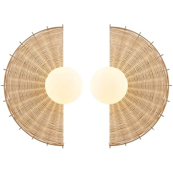 Set of Two Rattan Wall Sconces with Milky Glass Globe Shade Boho Hand Woven Wall Lights Natural Rustic Wall Lamp for Bedside Hallway Vanity Stairway Fireplace Living Room, UL Listed