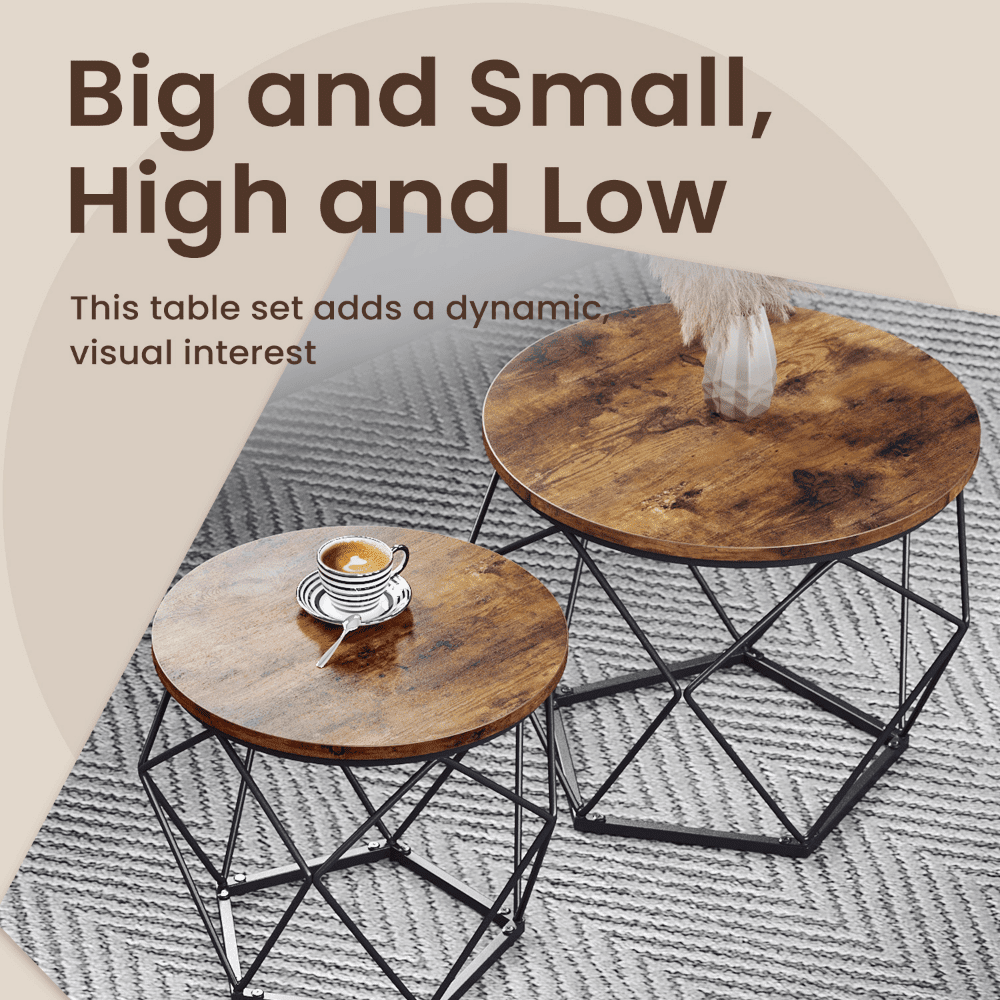 Set of Two Round Side Tables with Sturdy Steel Frame in Rustic Brown ...