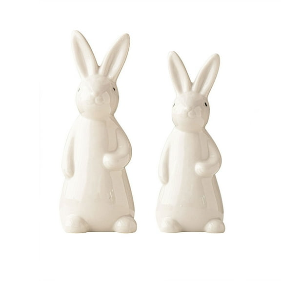 Set of Two Spring Easter Bunny Figurines Decoration - White Ceramic Easter Bunny Statue Spring Bunny Figurines Rabbit Statues Table Centerpiece Mantels Home Decor Ornaments