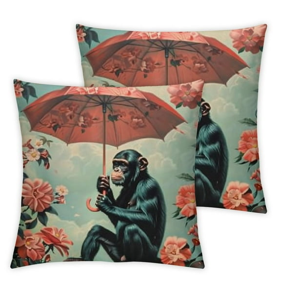 Set of Two Throw Pillow Cases Vintage Style Chinoserie Monkey with an Umbrella Accent Pillowcases Asian Floral Design 2 PCS Cushion Covers, Multiple Size Options