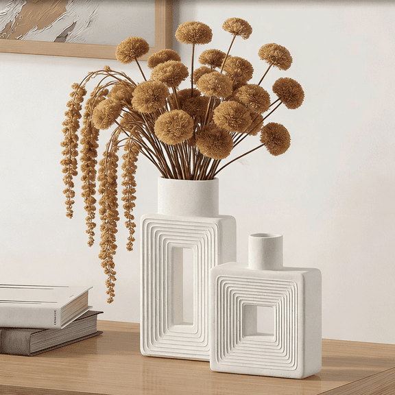 Set Of Two White Ceramic Square Vases, Hollow Sand Glaze Pampas Flower Vases, Suitable For Bohemian-Style Homes, Wedding Parties, Restaurant Tables, And Bookshelf Decorations.
