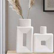 Set Of Two White Ceramic Square Vases, Hollow Sand Glaze Pampas Flower Vases, Suitable For Bohemian-Style Homes, Wedding Parties, Restaurant Tables, And Bookshelf Decorations.