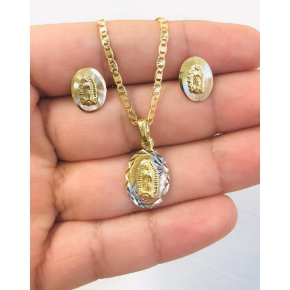 Set Virgen de Guadalupe Necklace Earrings Push Back / Womens Gold Filled Set Guadalupe Necklace / Valentino Link Chain With Guadalupe Pendant / Cadena con Dije y Aretes de la Guadalupe