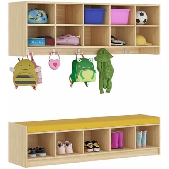 Set Wall Cubbies 10 Section with Hooks and PU Cushion Shoe Storage Bench, Hanging Wall Mount Wooden Classroom Cubbies, Daycare Shelves for Home, School, Nursery, Kindergarten$$Office