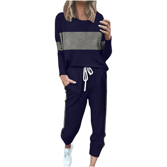 Set for Women 2 Piece Outfit Long Sleeve New Women's Color Block 2 Piece Tracksuit Crewneck Long Sleeve Tops Long Sweatpants Outfits Lounge Sets Navy M