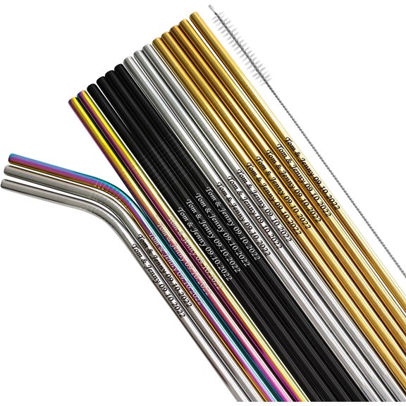 Set of custom Stainless Steel Drinking Straws, personalized name or quotes engraved reusable metal beverage eco friendly straw with cleaning brushes for home, wedding guest gift, birthday party favors