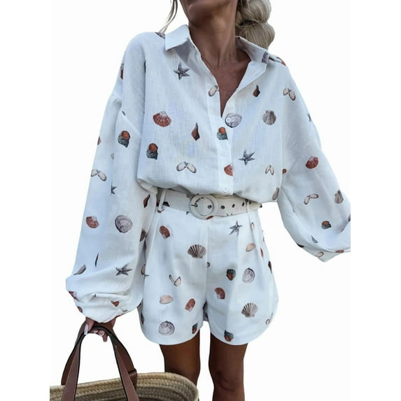 Set for Women Long Sleeve Shirt and Shorts Set White 2 Piece Set S