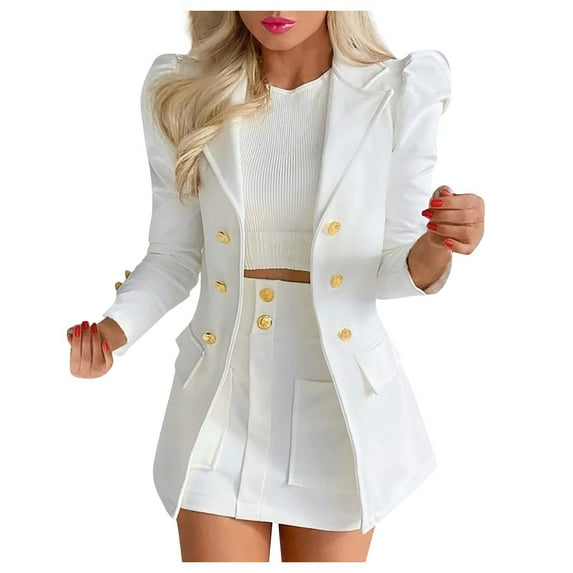 Set for Women On Women Solid Printed Long Sleeve Cardigan Coat Pocket Short Skirt Suit White XL(XL)