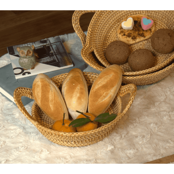 Set of 03 Rattan Handle Basket with Cloud Pattern - Artisan Crafted Elegance for Modern Living Spaces
