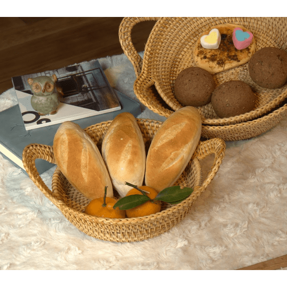 Set of 03 Rattan Handle Basket with Cloud Pattern - Artisan Crafted Elegance for Modern Living Spaces