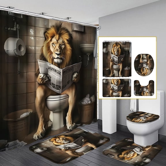 Set of 1/4 Creative Funny Lion Themed Shower Curtain Set Brown Animal Reading Design Bathroom Decor With Rugs 12 Hooks