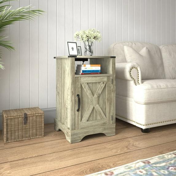Set of 1 Farmhouse Nightstand Side Table, Wooden Rustic End Table, Tall Bedside Table with Electrical Outlets Charging Station, Light Grey