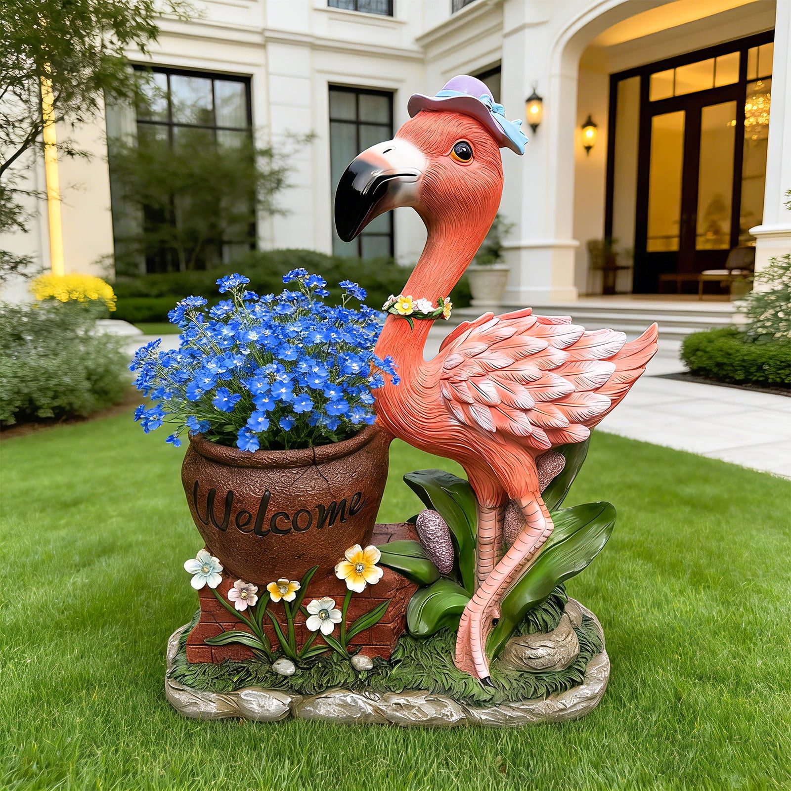 Set of 1 Outdoor Garden Flamingo Sculpture Flower Pot Planter, Pink Resin Yard Statue with Solar Light for Patio Decor，Purple  Hat
