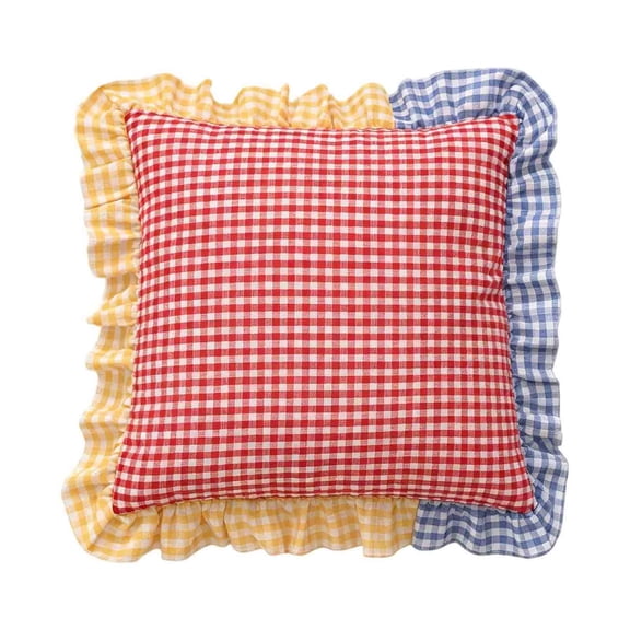Set of 1 Ruffled Throw Pillow 18x18 Inch Farmhouse Plaid Patchwork Pillow Gingham Pillow Spring Home Decor for Bed Sofa Living Room, Red