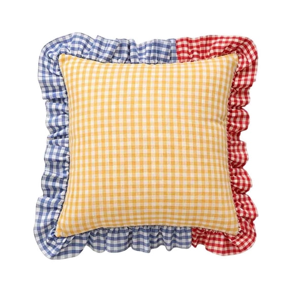 Set of 1 Ruffled Throw Pillow 18x18 Inch Farmhouse Plaid Patchwork Pillow Gingham Pillow Spring Home Decor for Bed Sofa Living Room, Yellow