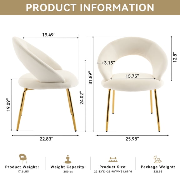 Set of 1 Velvet Dining Chair, White, Modern Curved Backrest, Golden Metal Legs, Ergonomic Design, 250 LBS Capacity, for Dining Room & Indoor Spaces