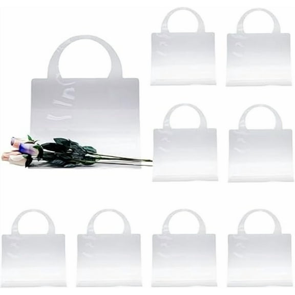 Set of 10 Clear Floral Gift Wrap Bags with Handle and Ribbon Transparent Flower Bouquet Bags, Florist Supplies Packaging (Square Shape)