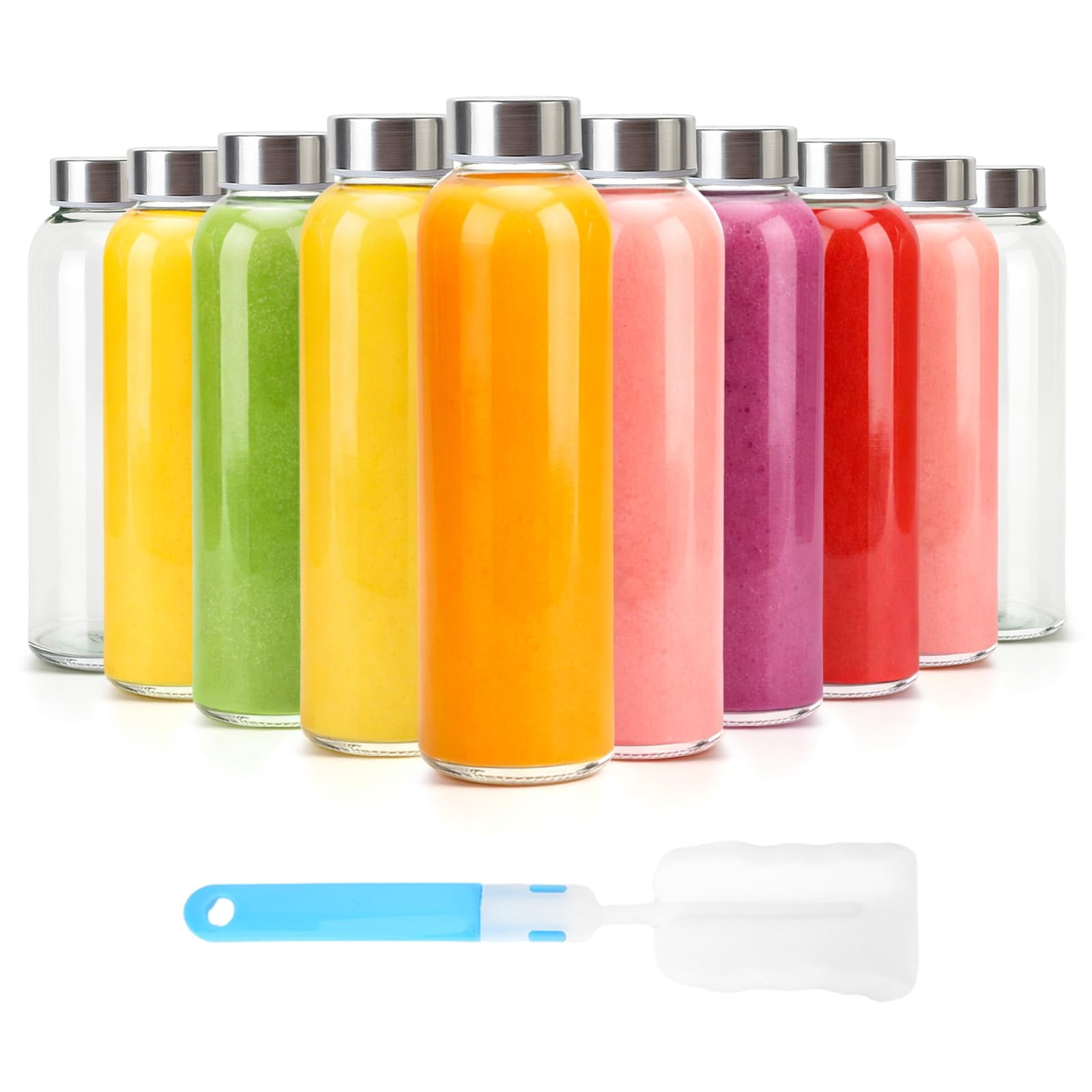 Set of 10 Clear Glass Bottles, with Lids 18 oz Reusable Water, Bottles Stainless Steel Cap Juicing Refrigerator Leak Proof BPA Free