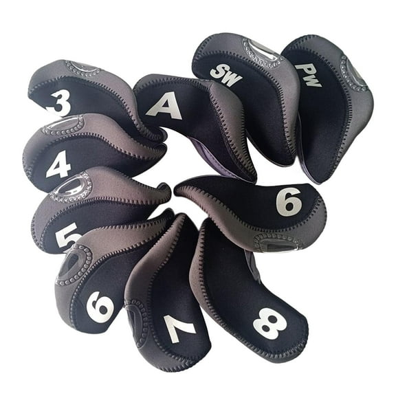 Set of 10 Golf Club Covers for Irons with Top Window 3, 4, 5, 6, 7, 8, 9, A, PW, Black Gray