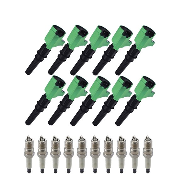 Set of 10 ISA Brand Green Color Ignition Coils and Spark Plugs Compatible with 2006 2007 2008 Ford F150 4.2L V6 Replacement for DG508