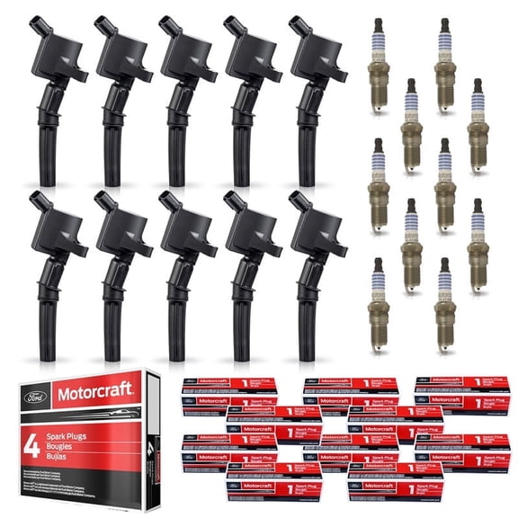 Set of 10 ISA Ignition Coil & Motorcraft Spark Plugs  Compatible with 2000-2005 Ford Excursion 09-11 E-150 04-08 E-350 Super Duty 99-04 F-350 Super Duty 6.8L V10 Replacement For DG508 FD503 SP479