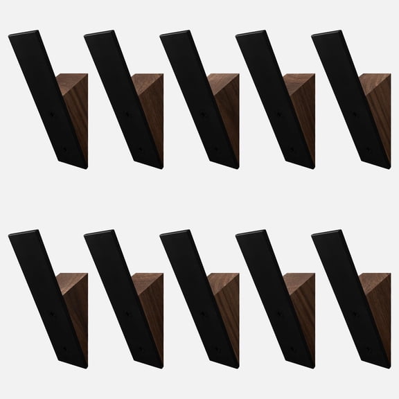 Set of 10 Mid-Century Modern Walnut Wood and Black Metal Wall Mounted Coat Hooks - Heavy Duty