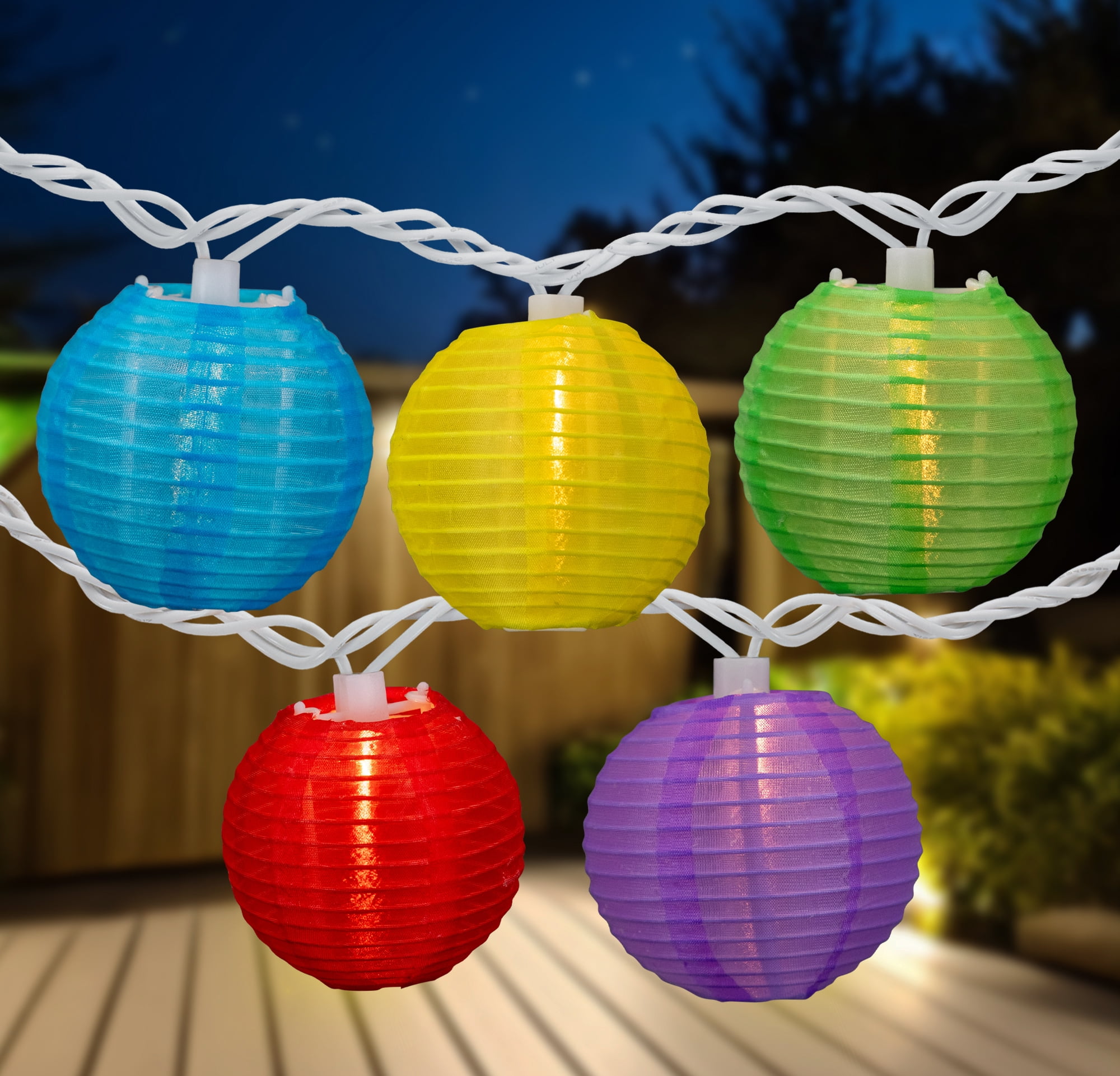 Set of 10 Multi-Color Chinese Lantern Garden and Patio Lights -White Wire