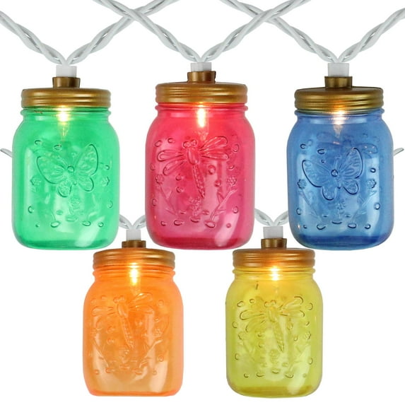 Set of 10 Multi-Color Mini Mason Jar Summer Garden Patio Lights - White Wire